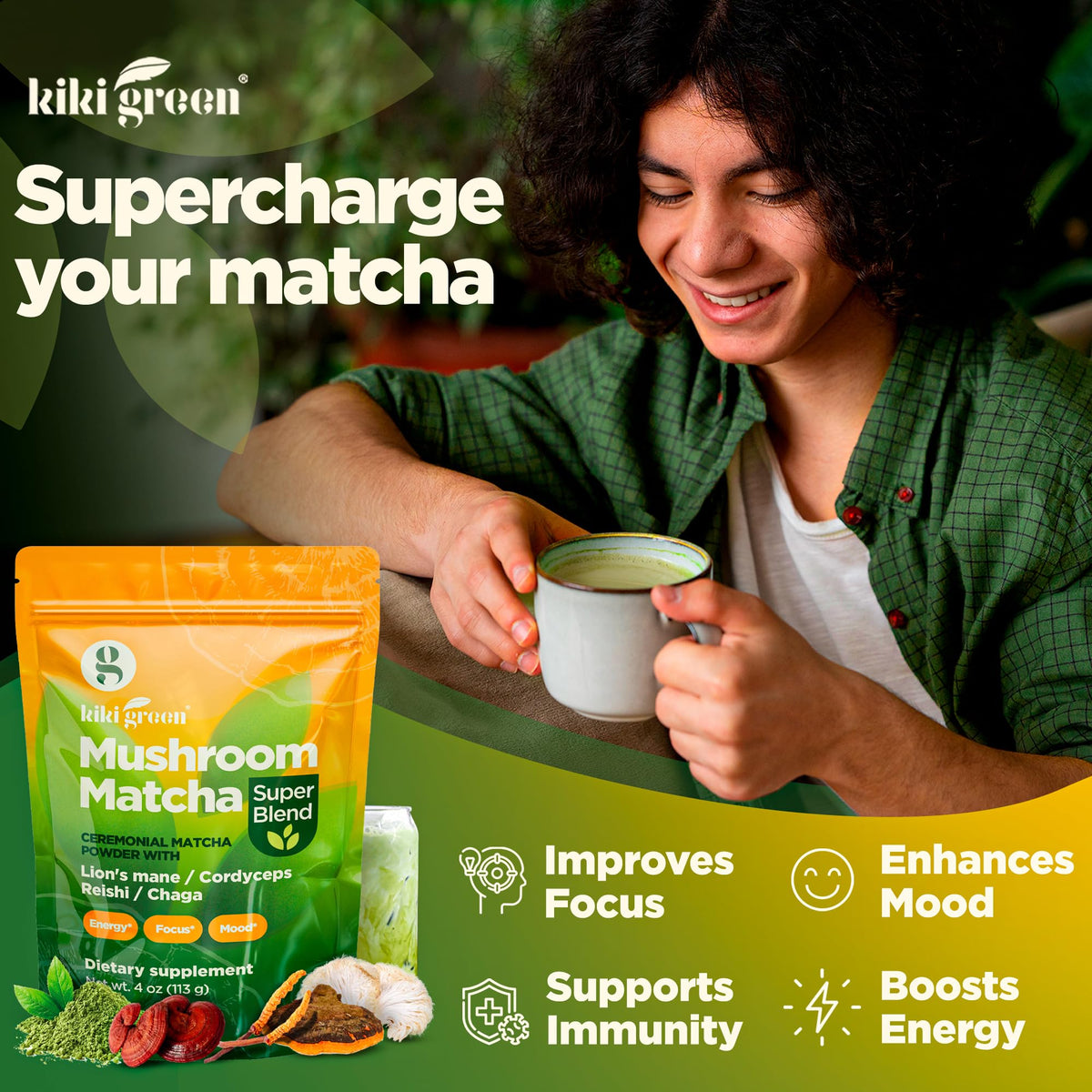 KIKI Green Poudre de Matcha aux Champignons 118g avec ingrédients naturels