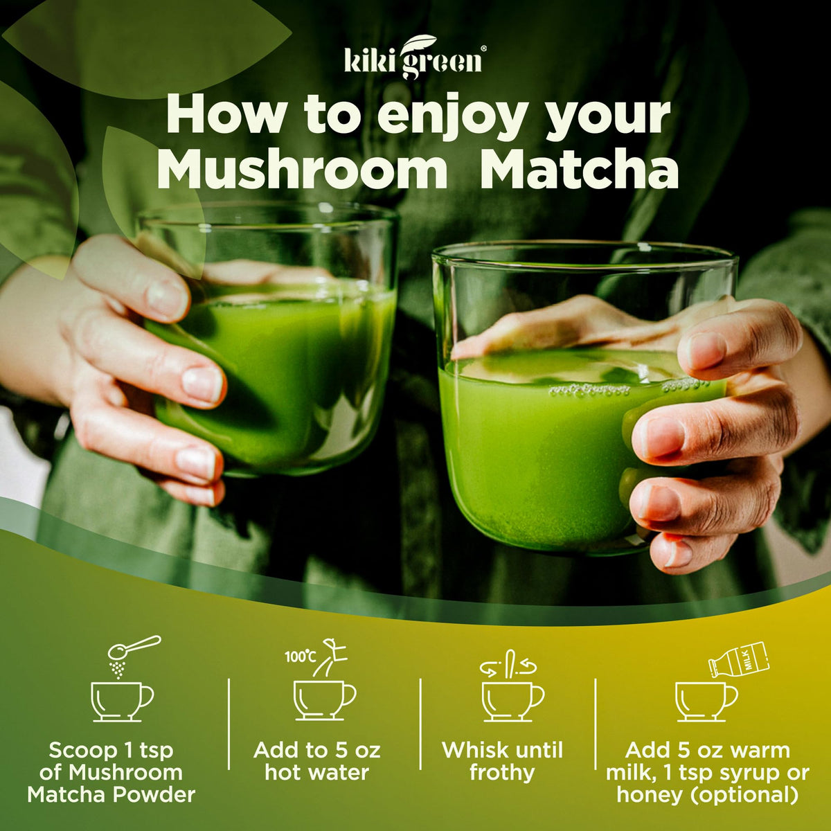 KIKI Green Poudre de Matcha aux Champignons 118g en utilisation avec de l'eau chaude