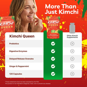 Kimchi Queen Complément Alimentaire Kimchi Fermenté capsules sur une table en bois