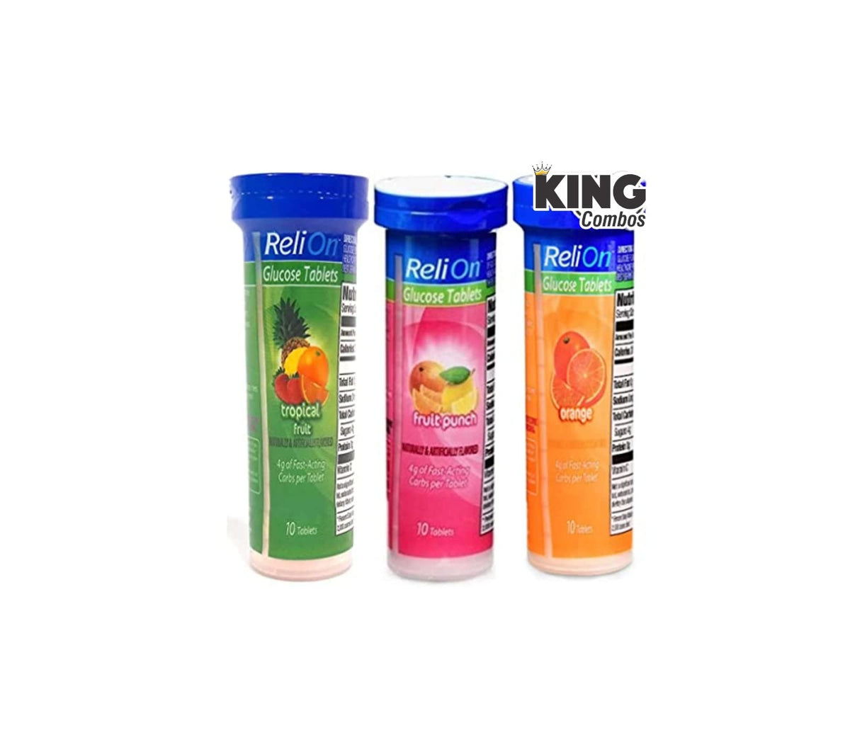 KING COMBOS Tablettes de Glucose Assorties avec emballage orange, tropical et fruit punch