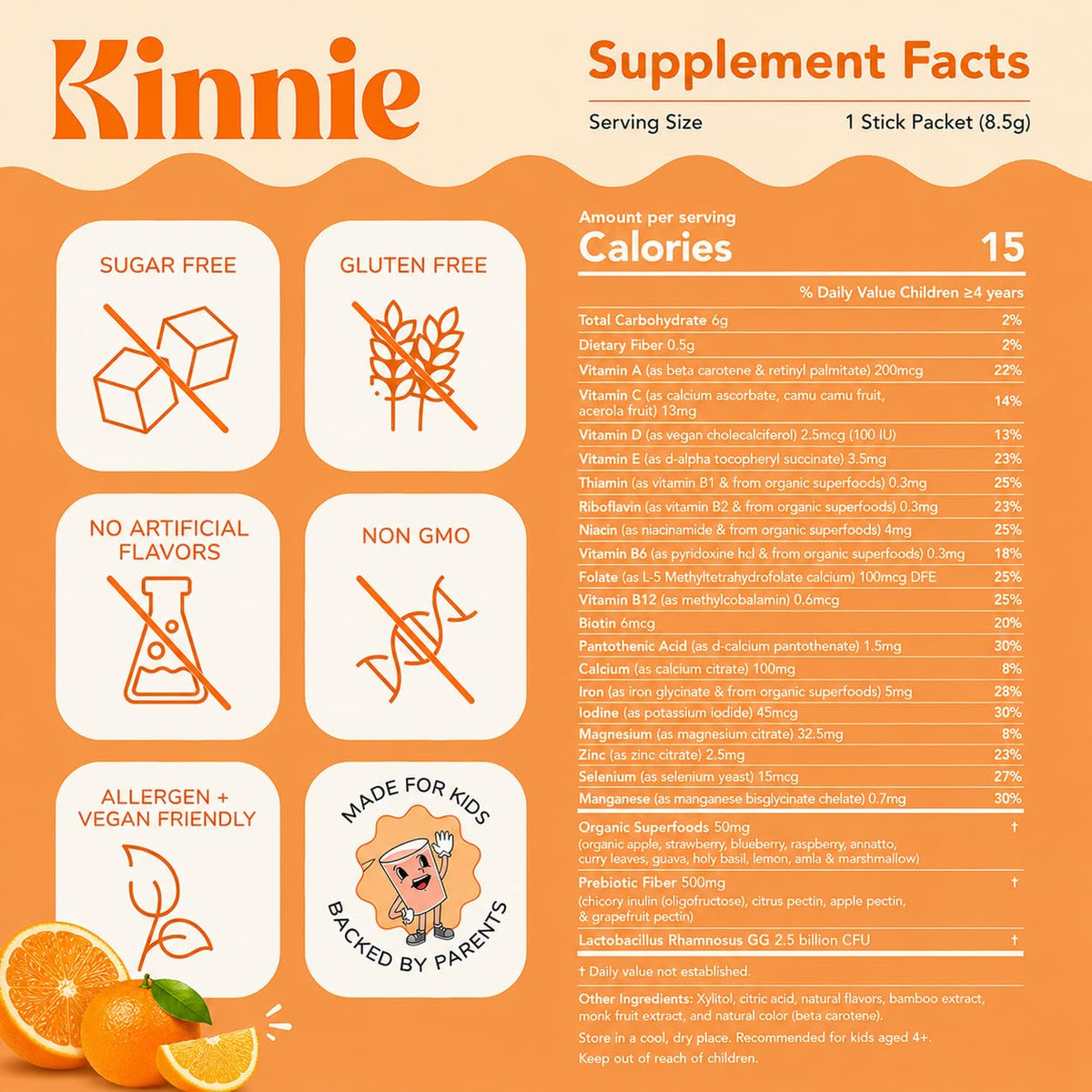 Kinnie Multivitamine Enfant sachets ouverts sur une table