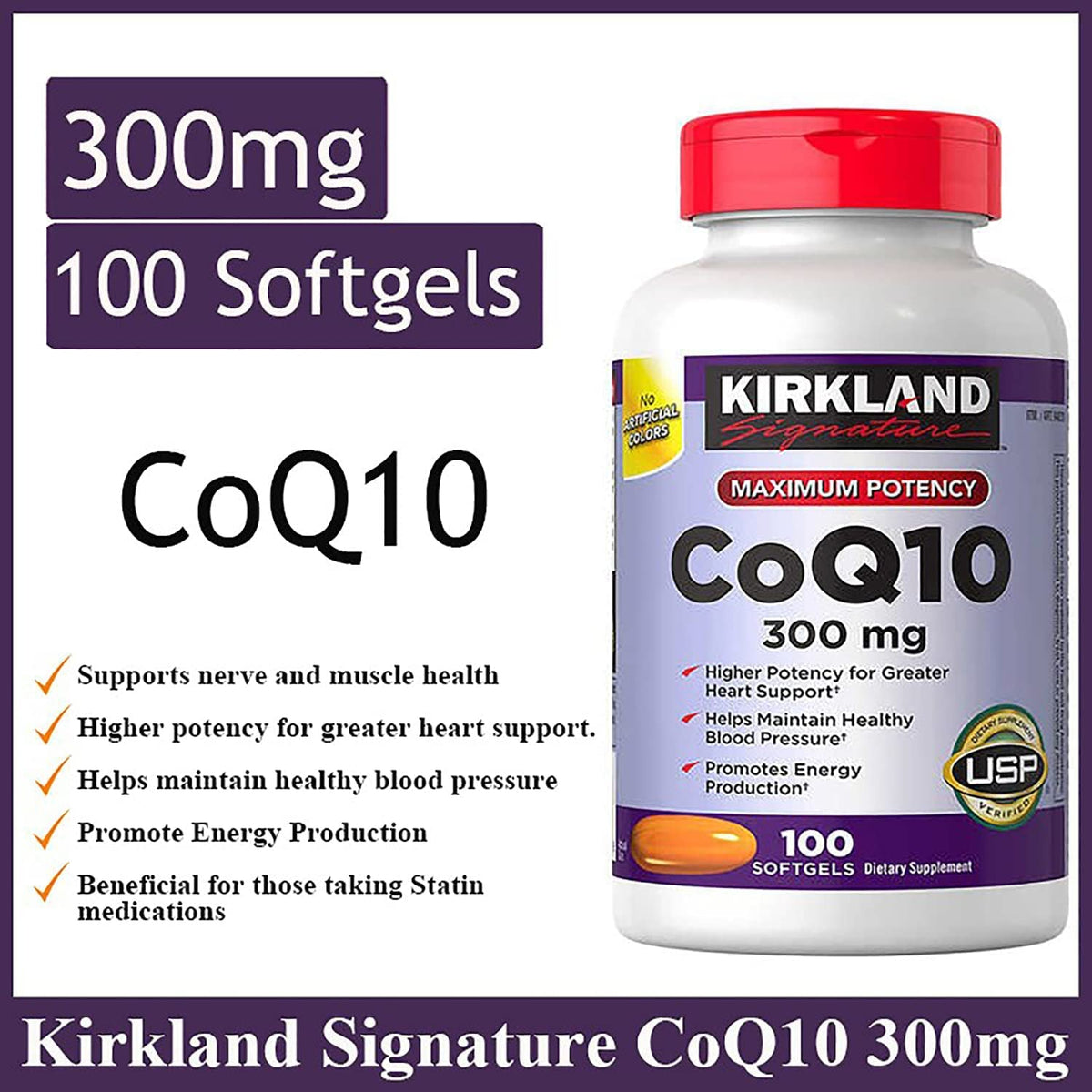 KIRKLAND CoQ10 300 mg 100 gélules vue latérale