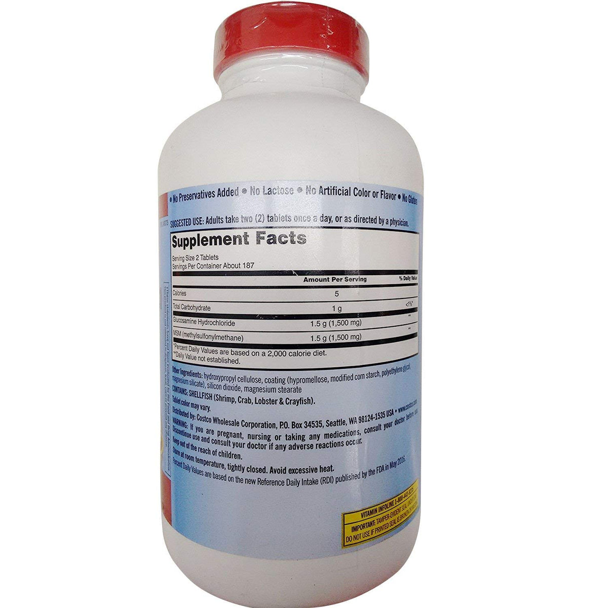 KIRKLAND Glucosamine HCI Extra Fort, étiquette avec dosage de 1500 mg