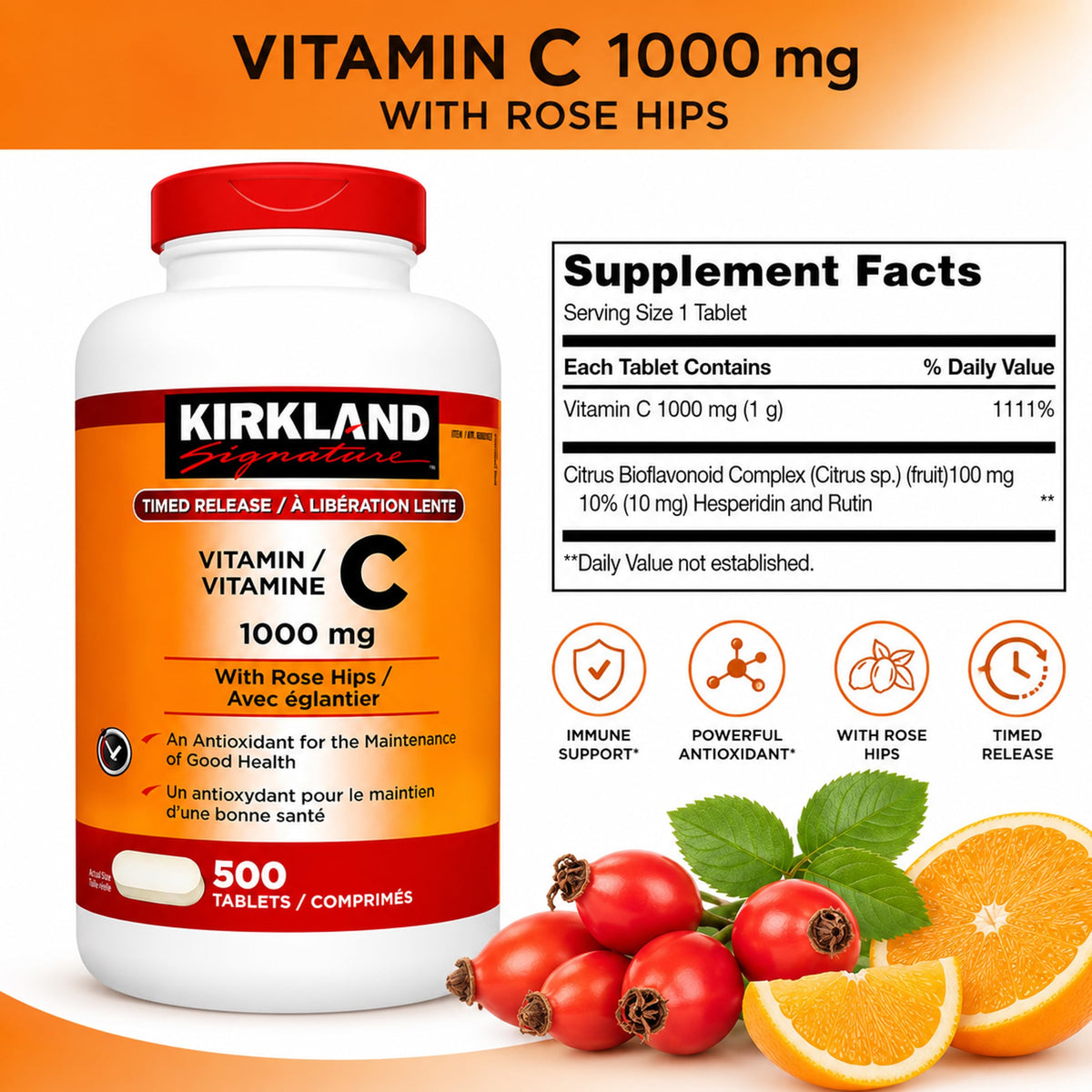 KIRKLAND Vitamine C 1000 mg comprimés avec un verre d'eau