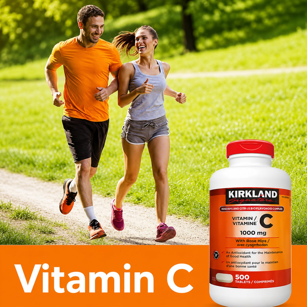 KIRKLAND Vitamine C 1000 mg comprimés sur une surface blanche