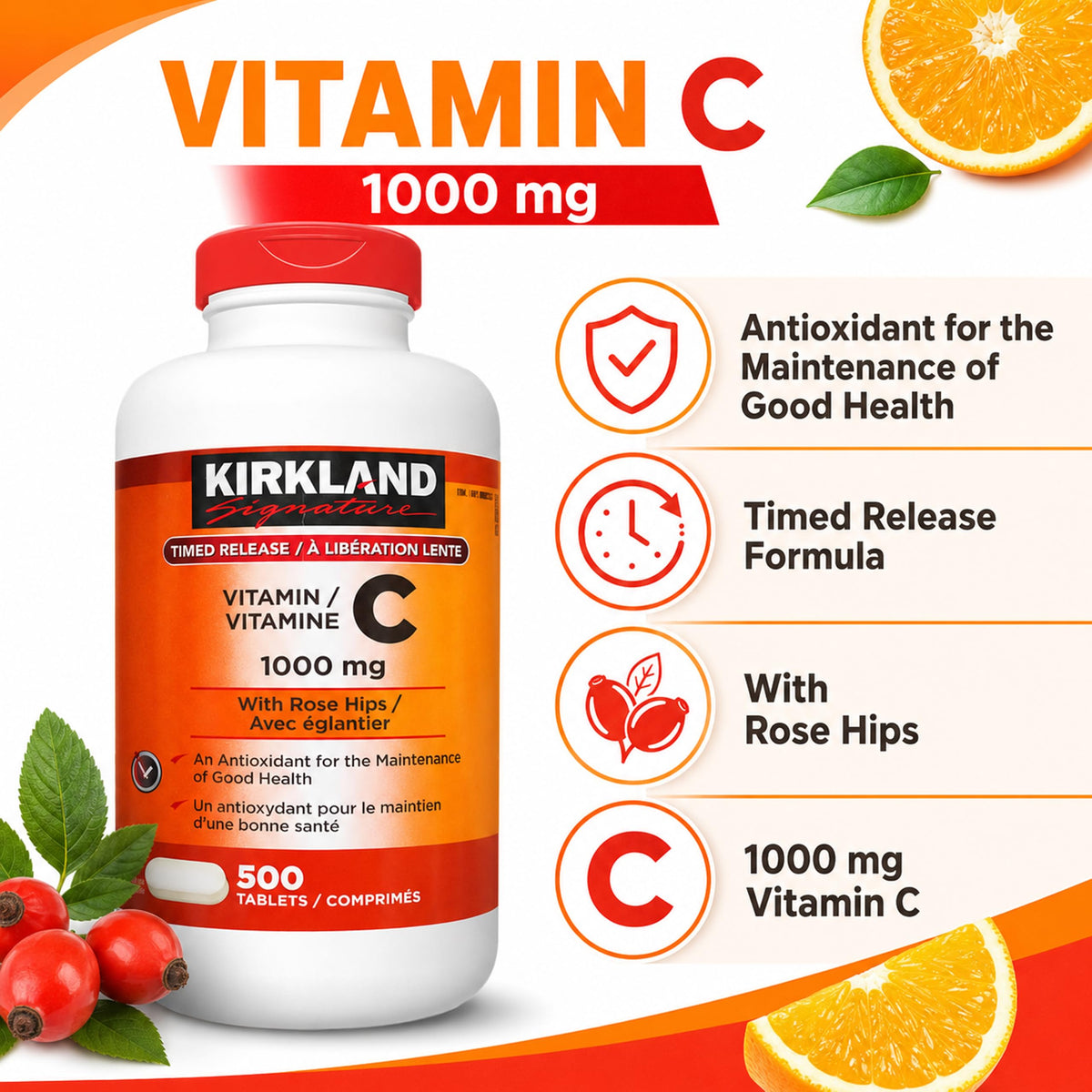 KIRKLAND Vitamine C 1000 mg emballage et comprimés
