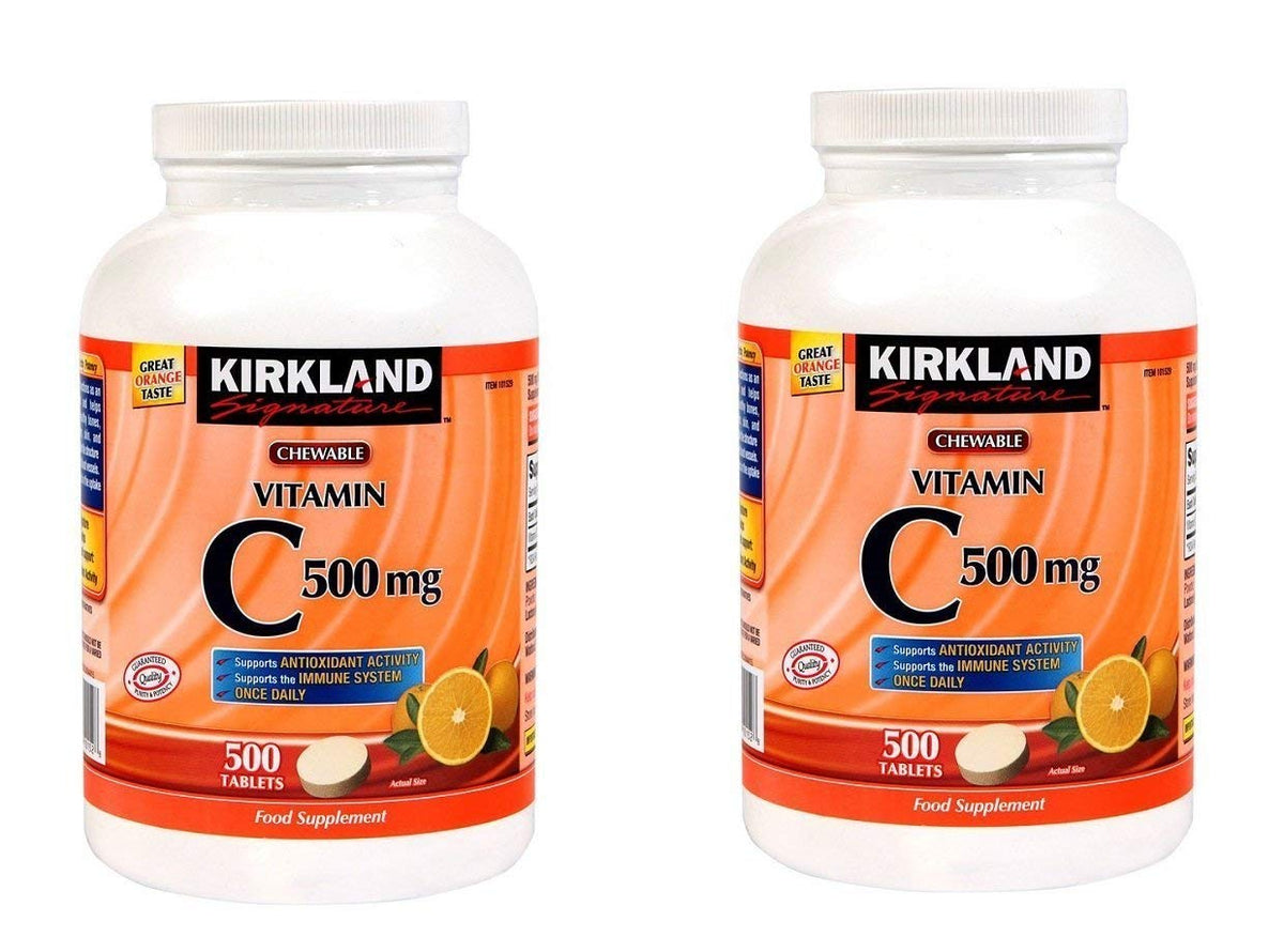 KIRKLAND Vitamine C 500 mg Tablettes à Croquer Orange, vue du côté de l'emballage