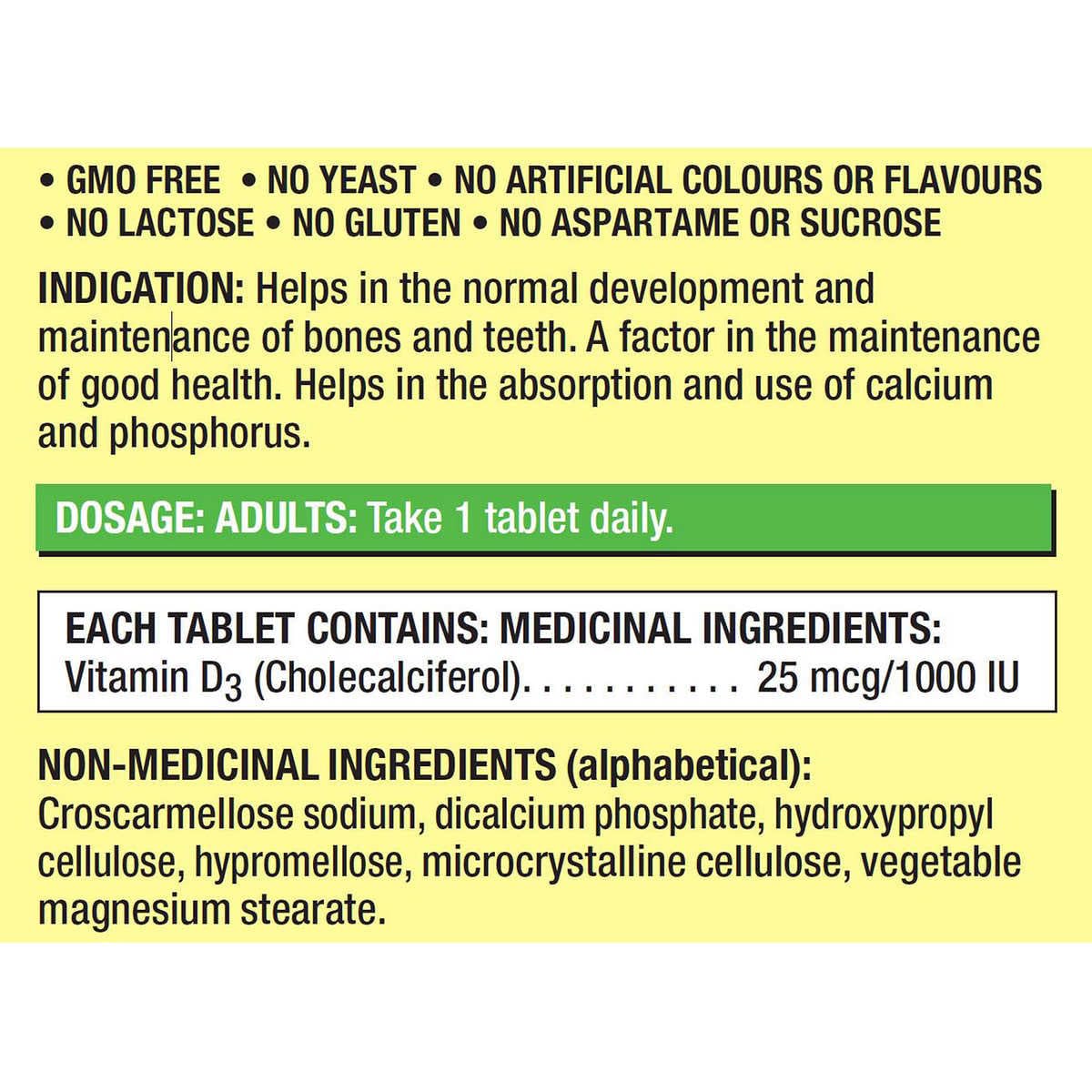KIRKLAND Vitamine D3 1000UI 360 tablettes, mise en scène sur une table