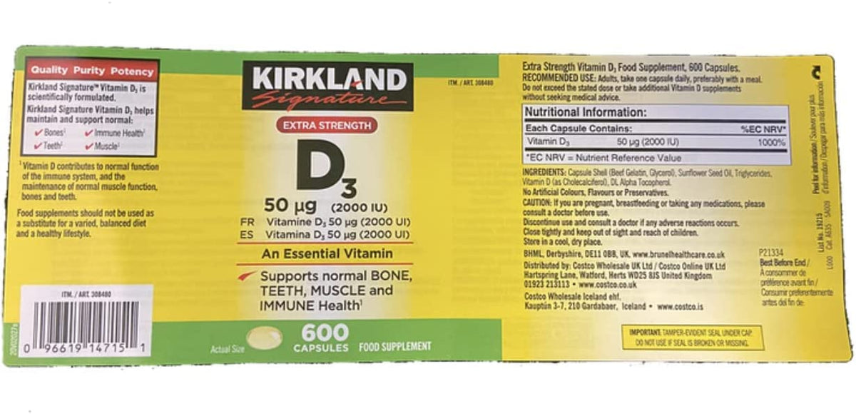 KIRKLAND Vitamine D3 600 gélules sur une table
