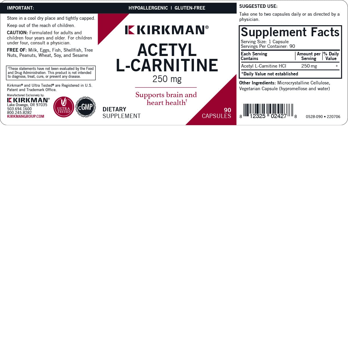 Kirkman Acétyl L-Carnitine 250 mg 90 capsules avec étiquette