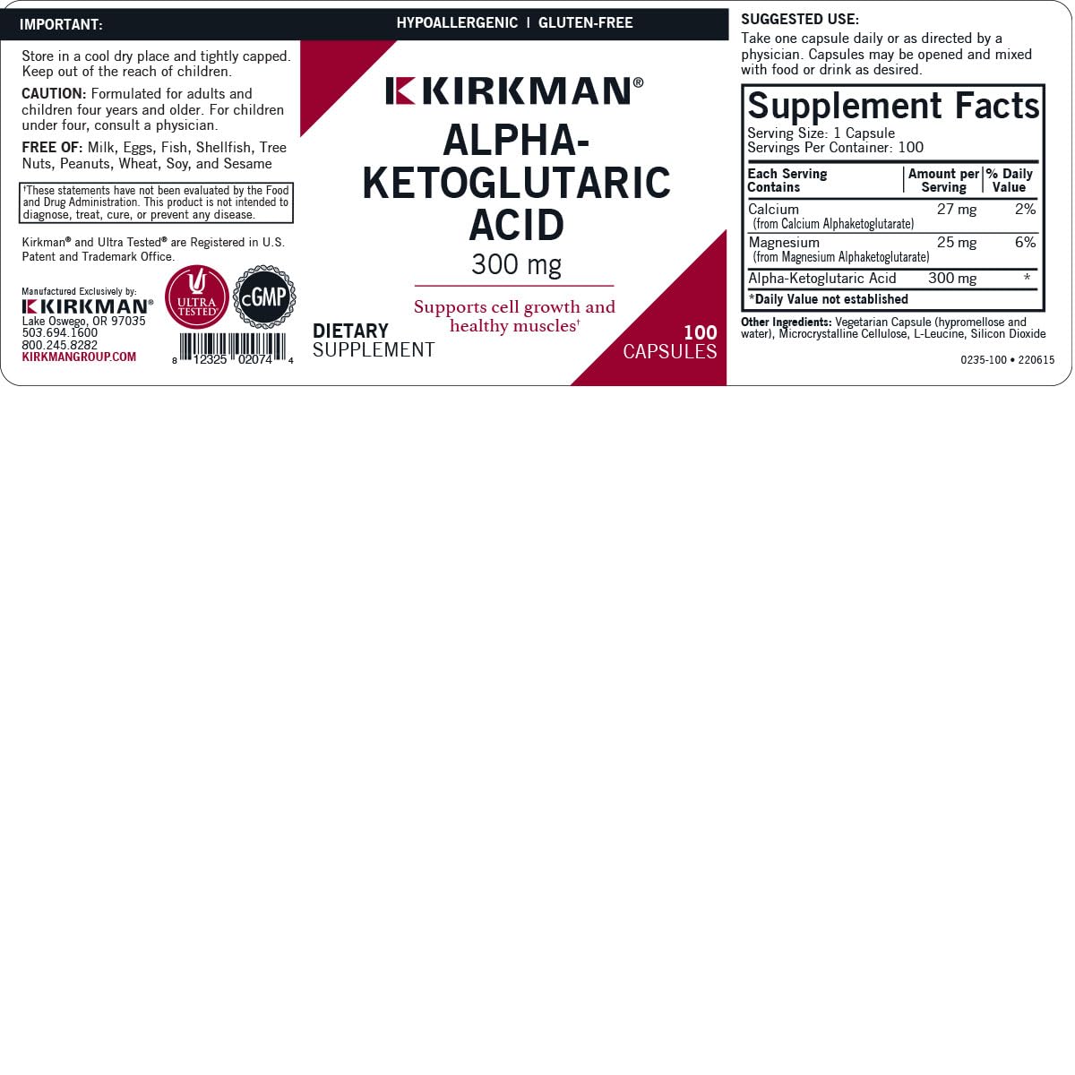 Kirkman Acide Alpha-Cétoglutarique 300 mg détails des ingrédients
