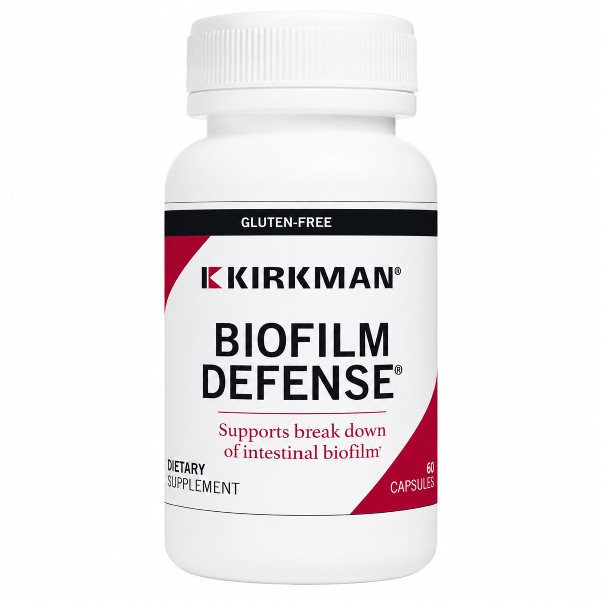 Kirkman Biofilm Defense 60 capsules avec étiquette détaillant les enzymes