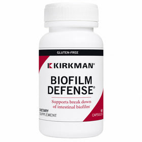 Kirkman Biofilm Defense 60 capsules avec étiquette détaillant les enzymes