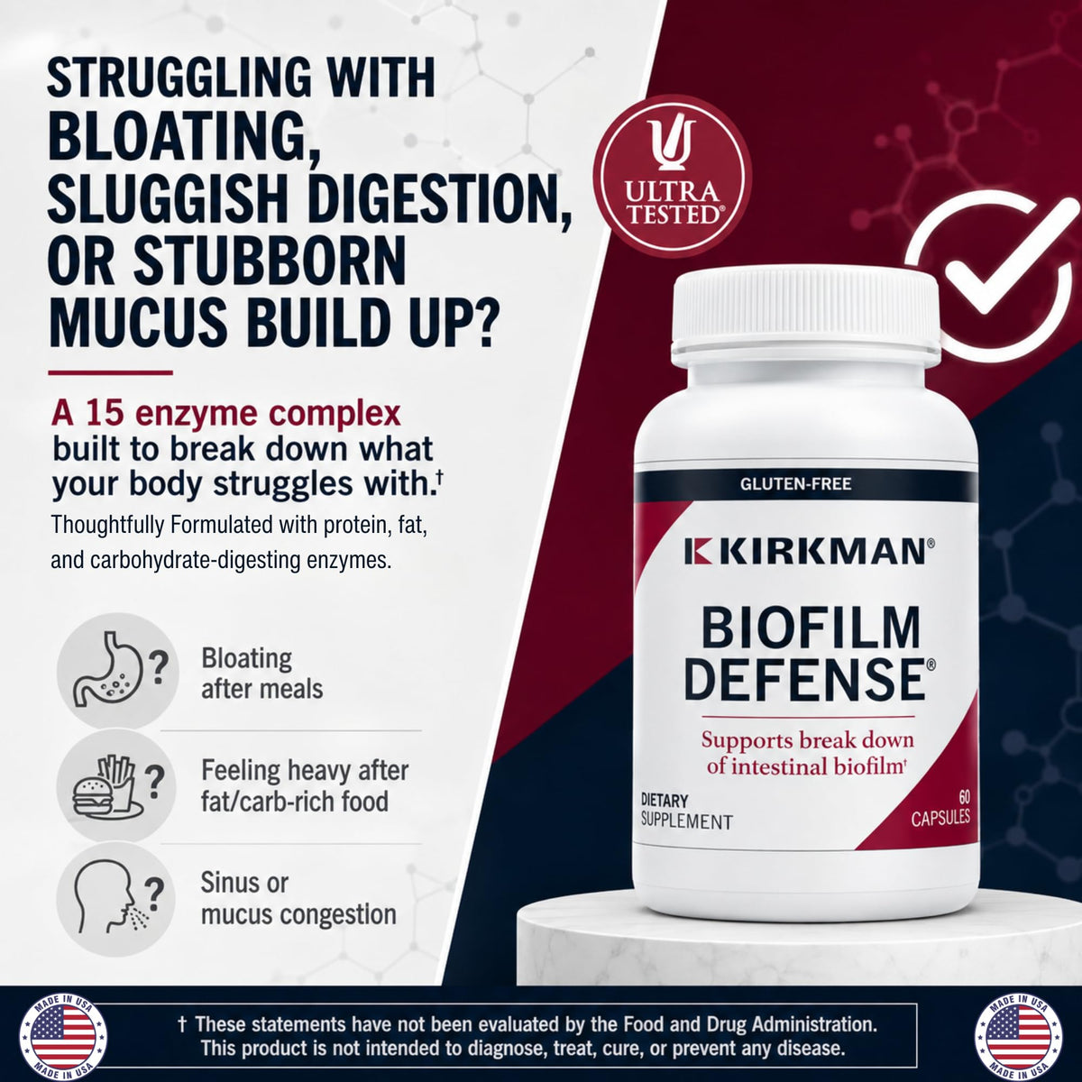 Kirkman Biofilm Defense gélules montrant la taille et la forme