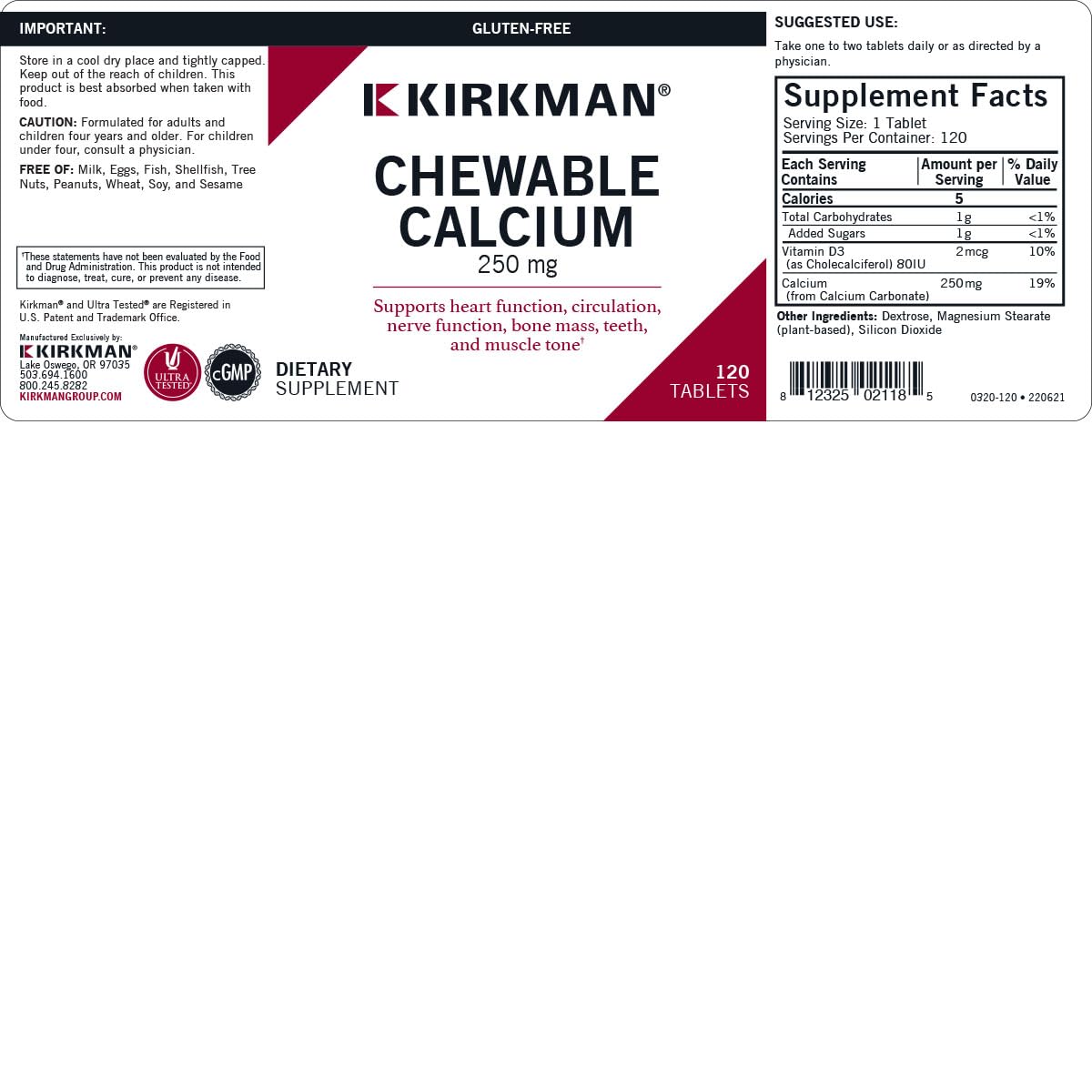 Kirkman Calcium 250mg avec Vitamine D3, détails des ingrédients