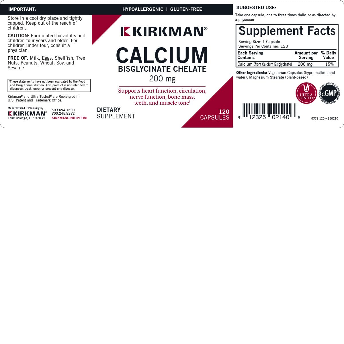Kirkman Calcium Bisglycinate Chelate 200mg gélules en gros plan