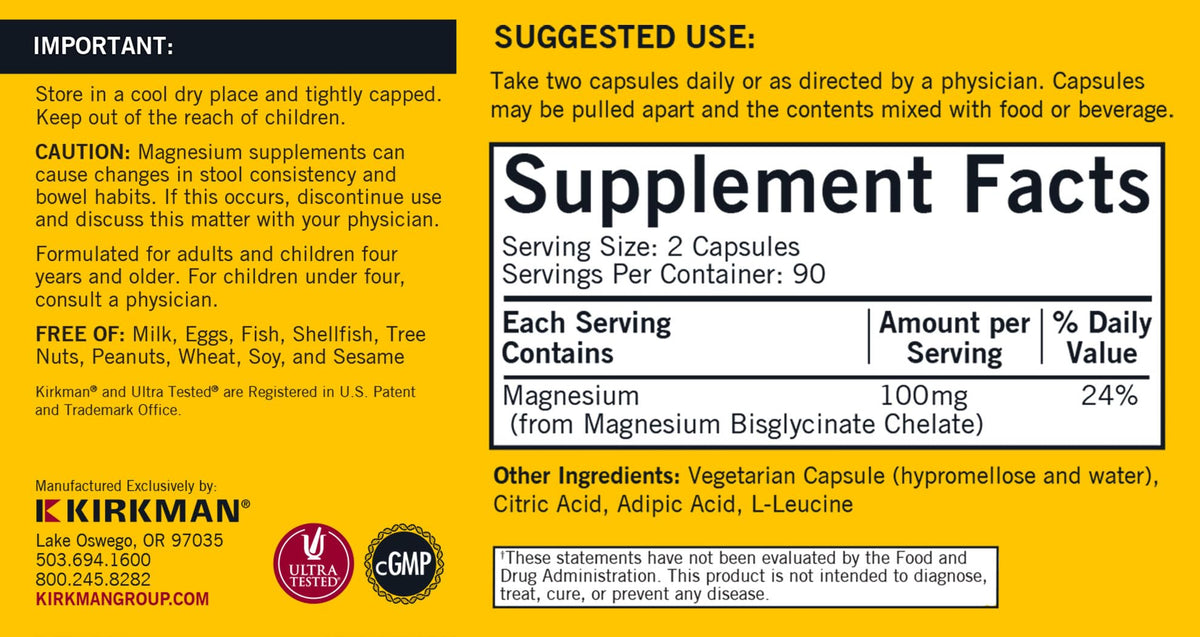 Kirkman capsules de glycinate de magnésium chélaté, vue arrière avec étiquette