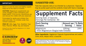 Kirkman capsules de glycinate de magnésium chélaté, vue arrière avec étiquette