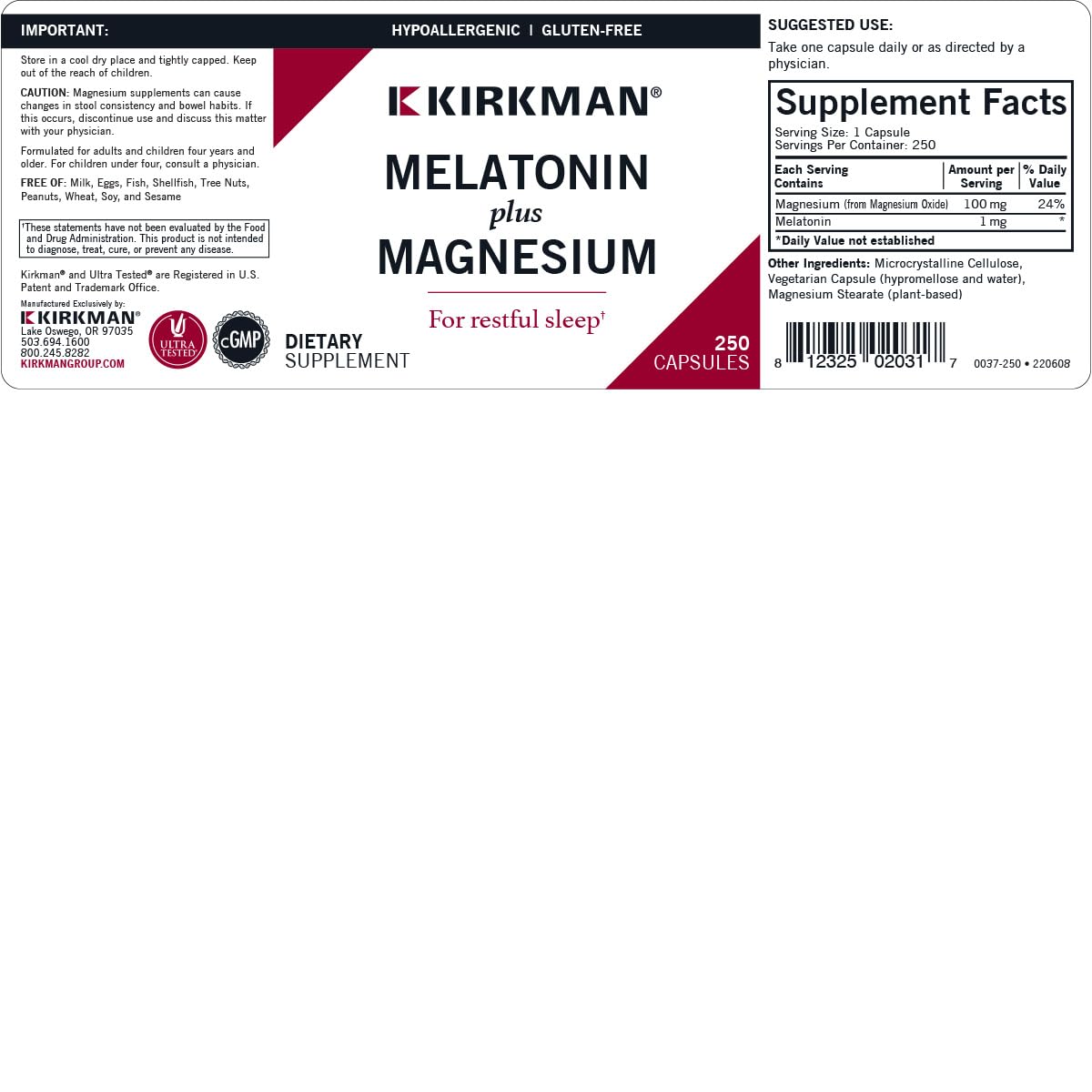 Kirkman Capsules de Mélatonine Plus Magnésium, vue de côté