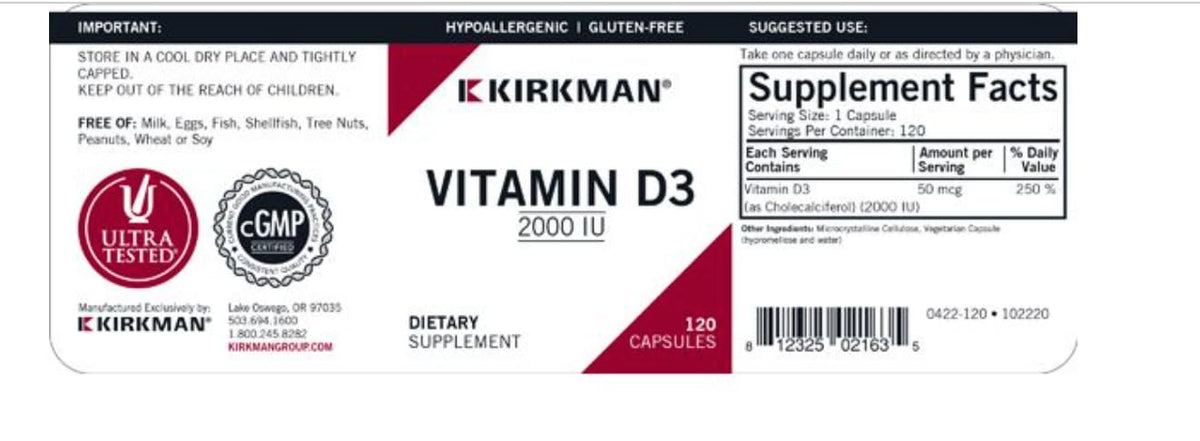 Kirkman Capsules de Vitamine D-3 2000 UI, capsules individuelles sur une surface