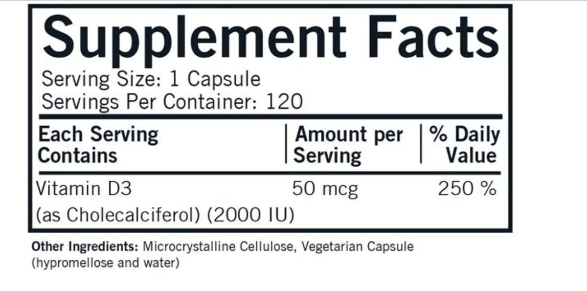 Kirkman Capsules de Vitamine D-3 2000 UI, vue arrière de l'emballage