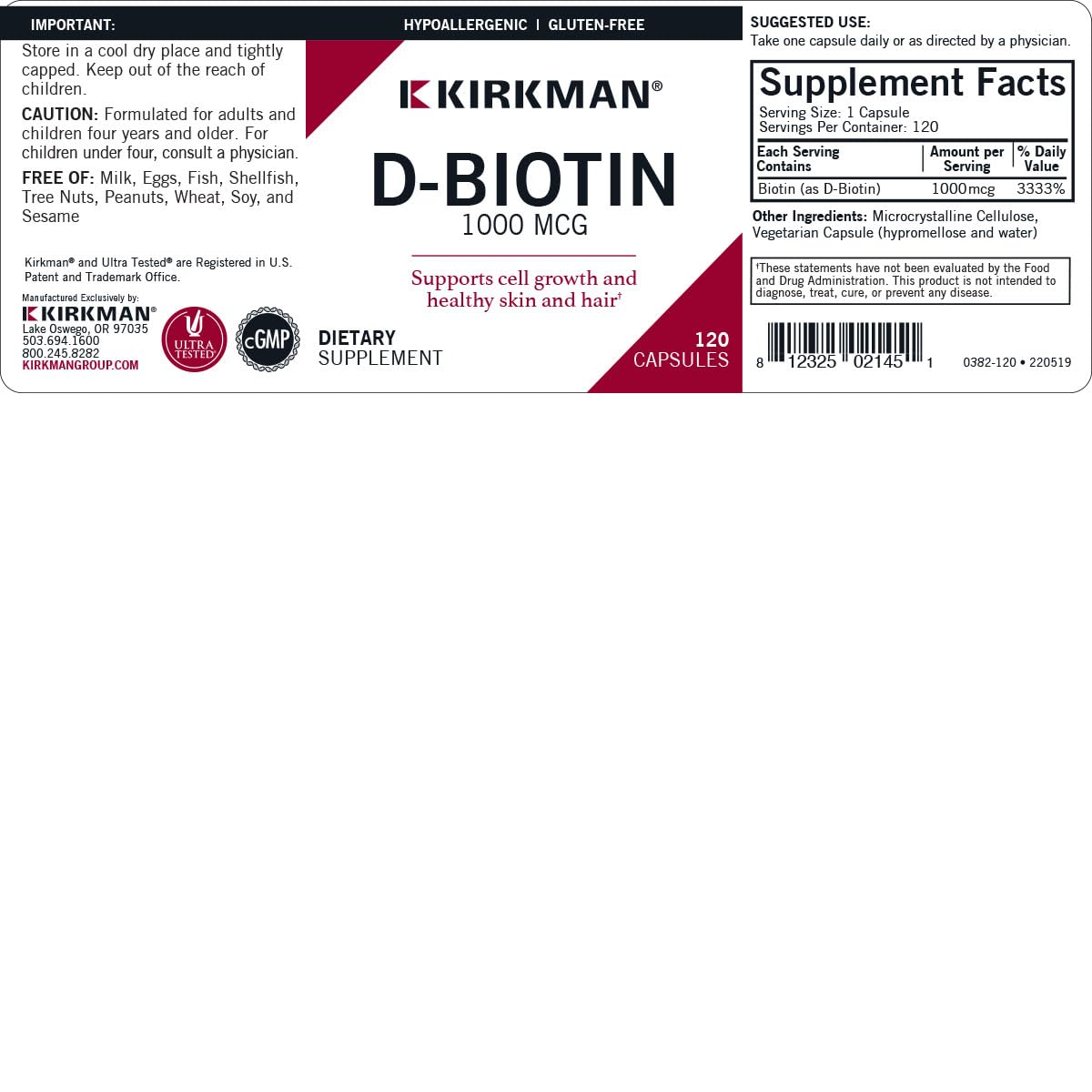 Kirkman D-Biotin 1000 mcg capsules arrière avec ingrédients