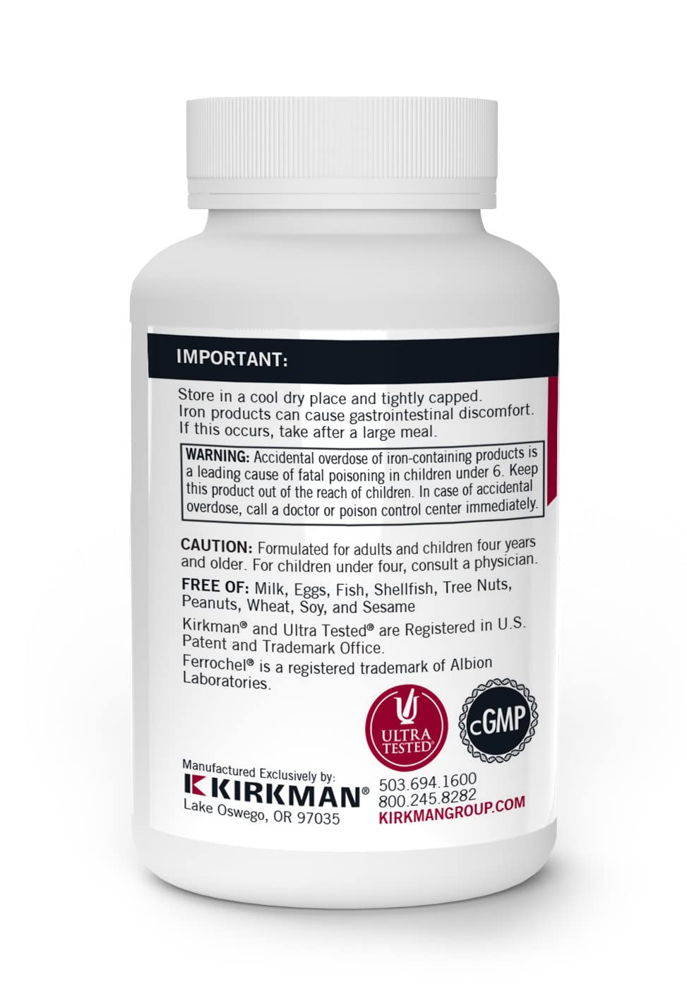 Kirkman Fer Ferrochel 5 mg capsules végétariennes sur fond blanc
