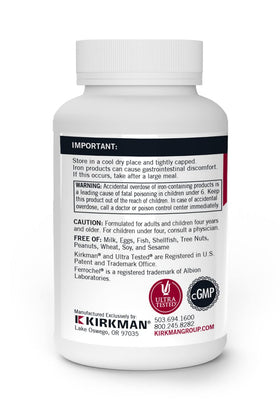Kirkman Fer Ferrochel 5 mg capsules végétariennes sur fond blanc