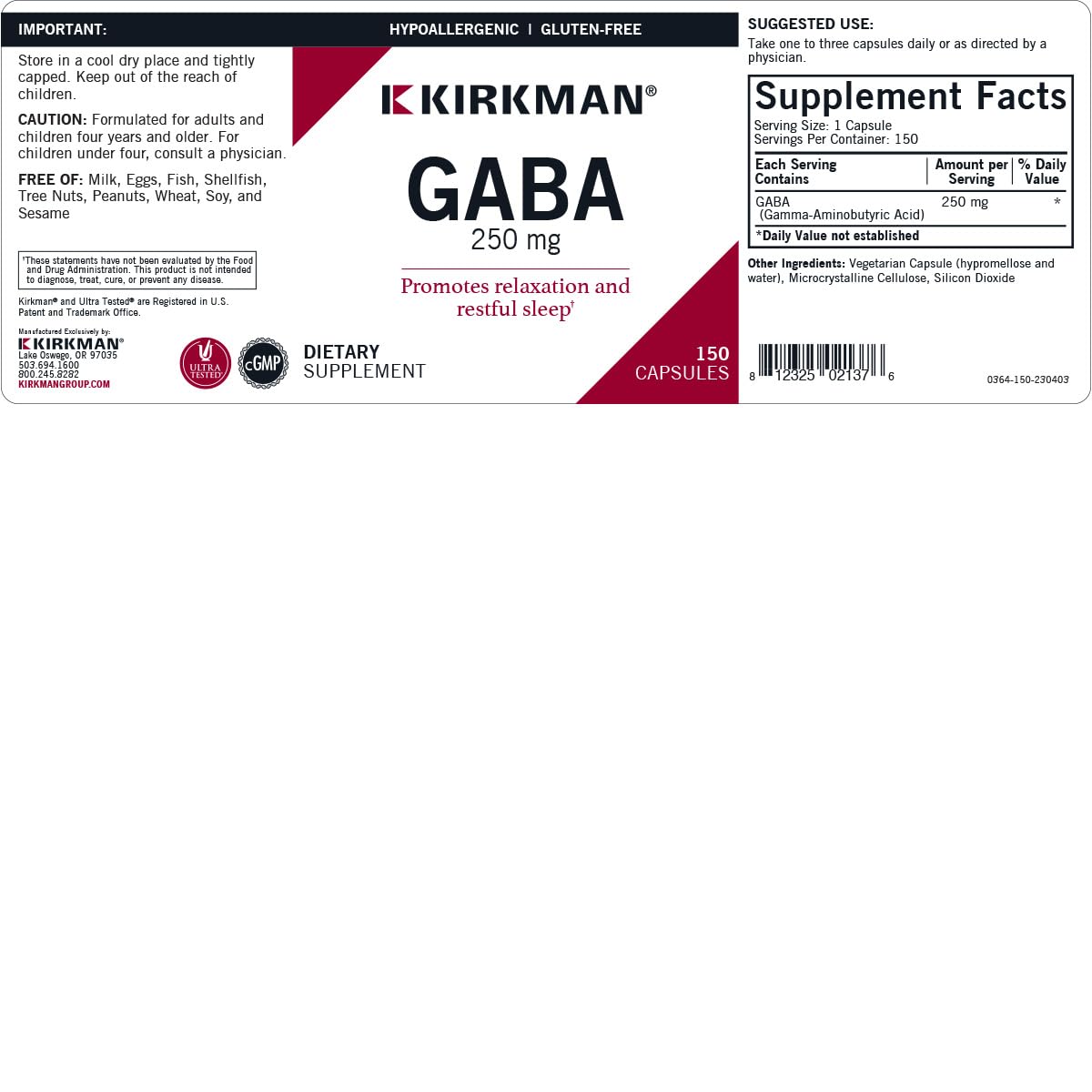 Kirkman GABA 250 mg capsules, vue de côté