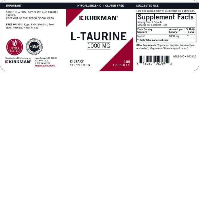 Kirkman L-Taurine 1000 mg capsules végétariennes à côté d'un verre d'eau