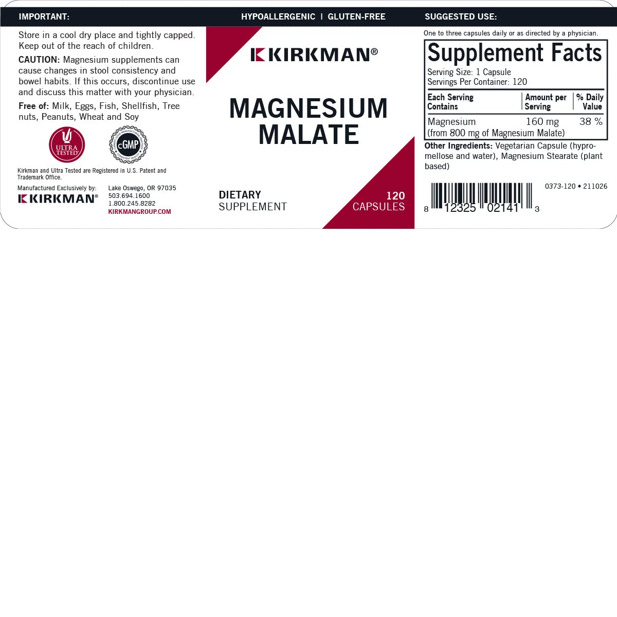 Kirkman Magnésium Malate 1000 mg capsules sur fond blanc