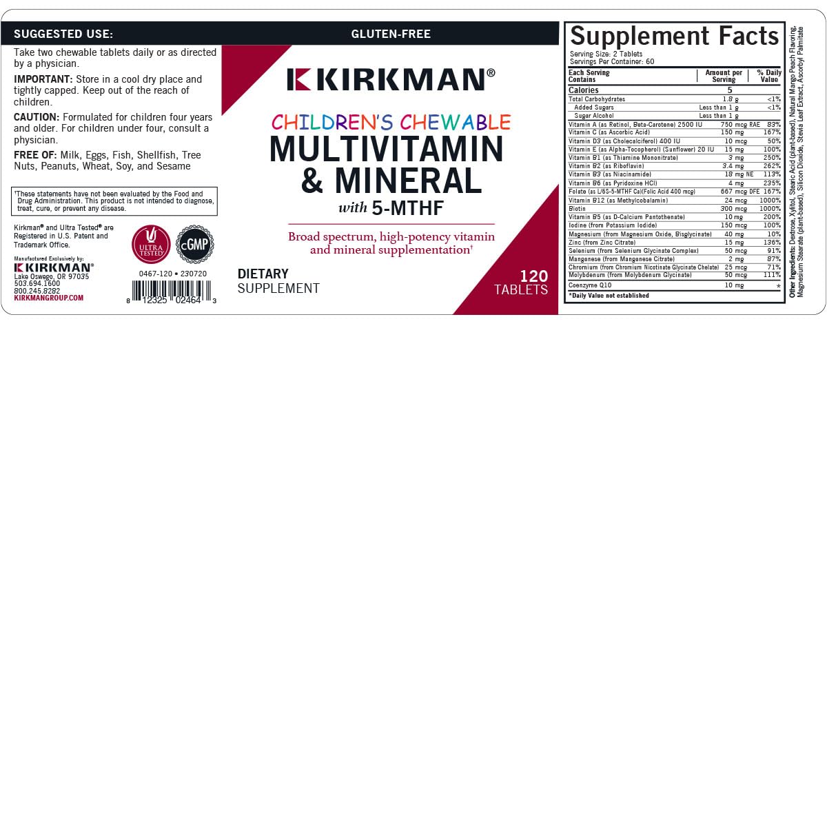 Kirkman Multivitamines Enfants capsules ouvertes montrant la taille