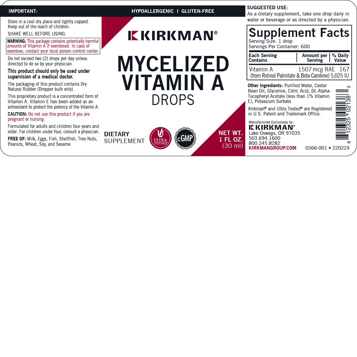 Kirkman Mycellized Vitamin A Liquide 30 ml étiquette et dosage