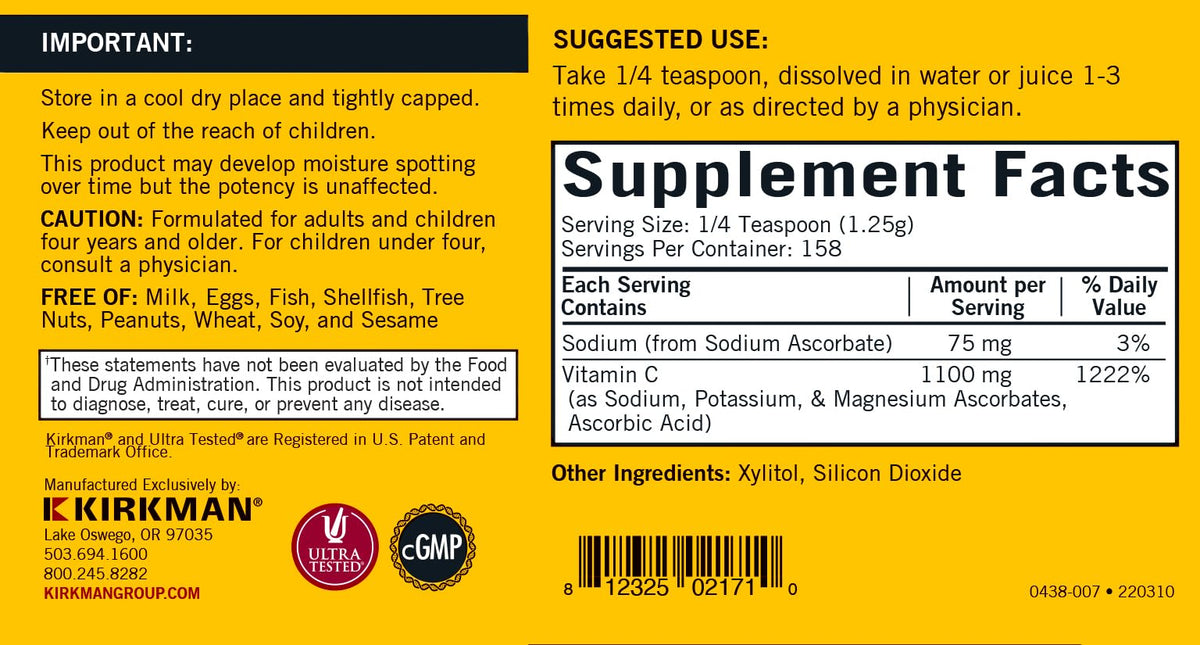 Kirkman Poudre de Vitamine C Tamponnée 240g en utilisation dans un verre d'eau