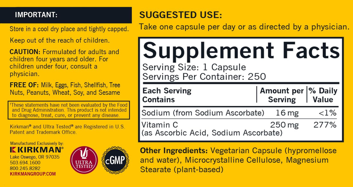 Kirkman Vitamine C 250 mg capsules ouvertes montrant le contenu