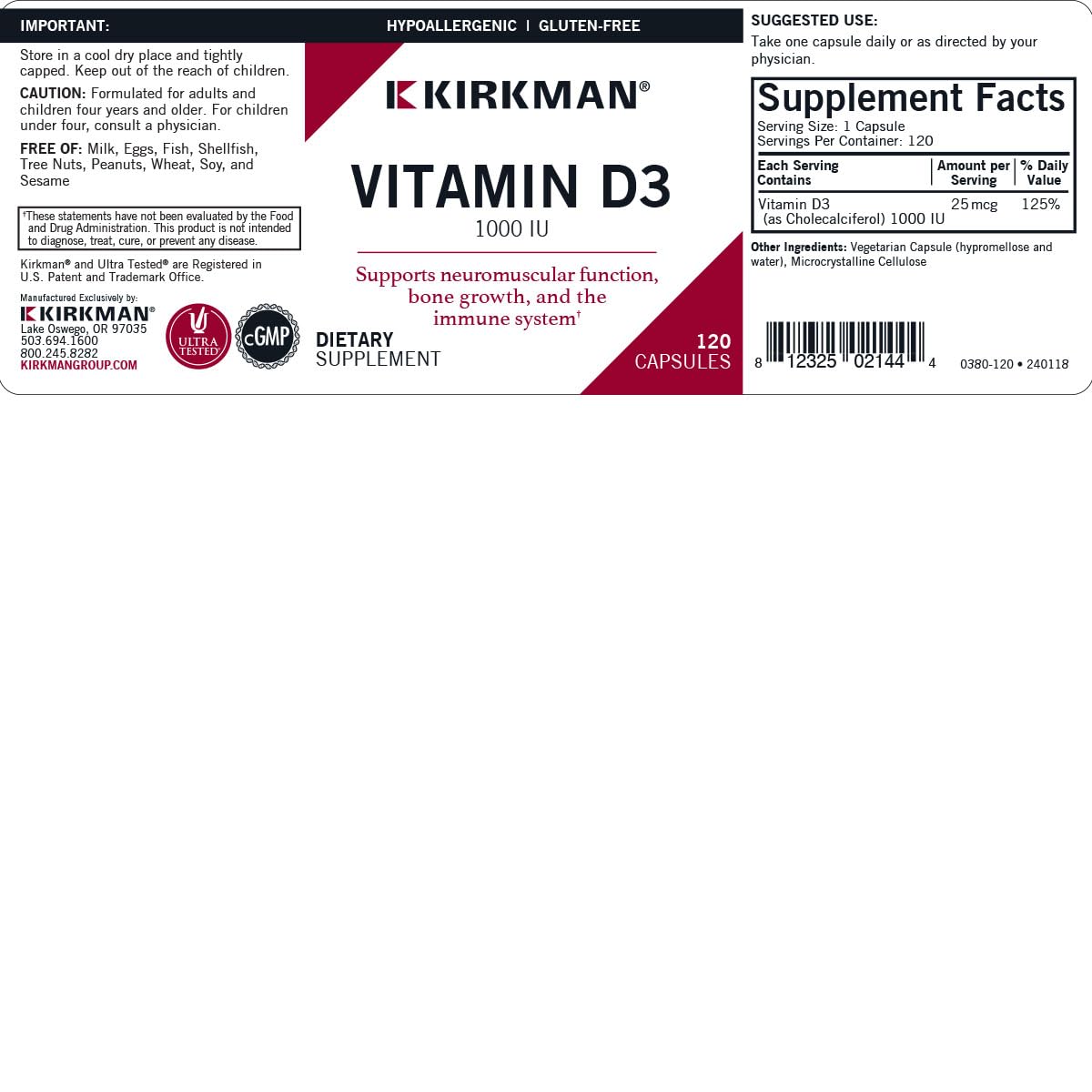 Kirkman Vitamine D-3 1000 UI capsules sur une table