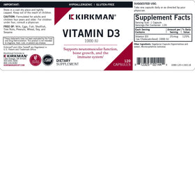 Kirkman Vitamine D-3 1000 UI capsules sur une table