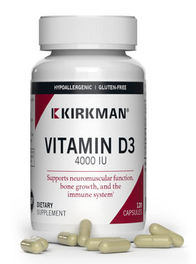 Kirkman Vitamine D-3 4000 UI 120 capsules végétariennes vue de face