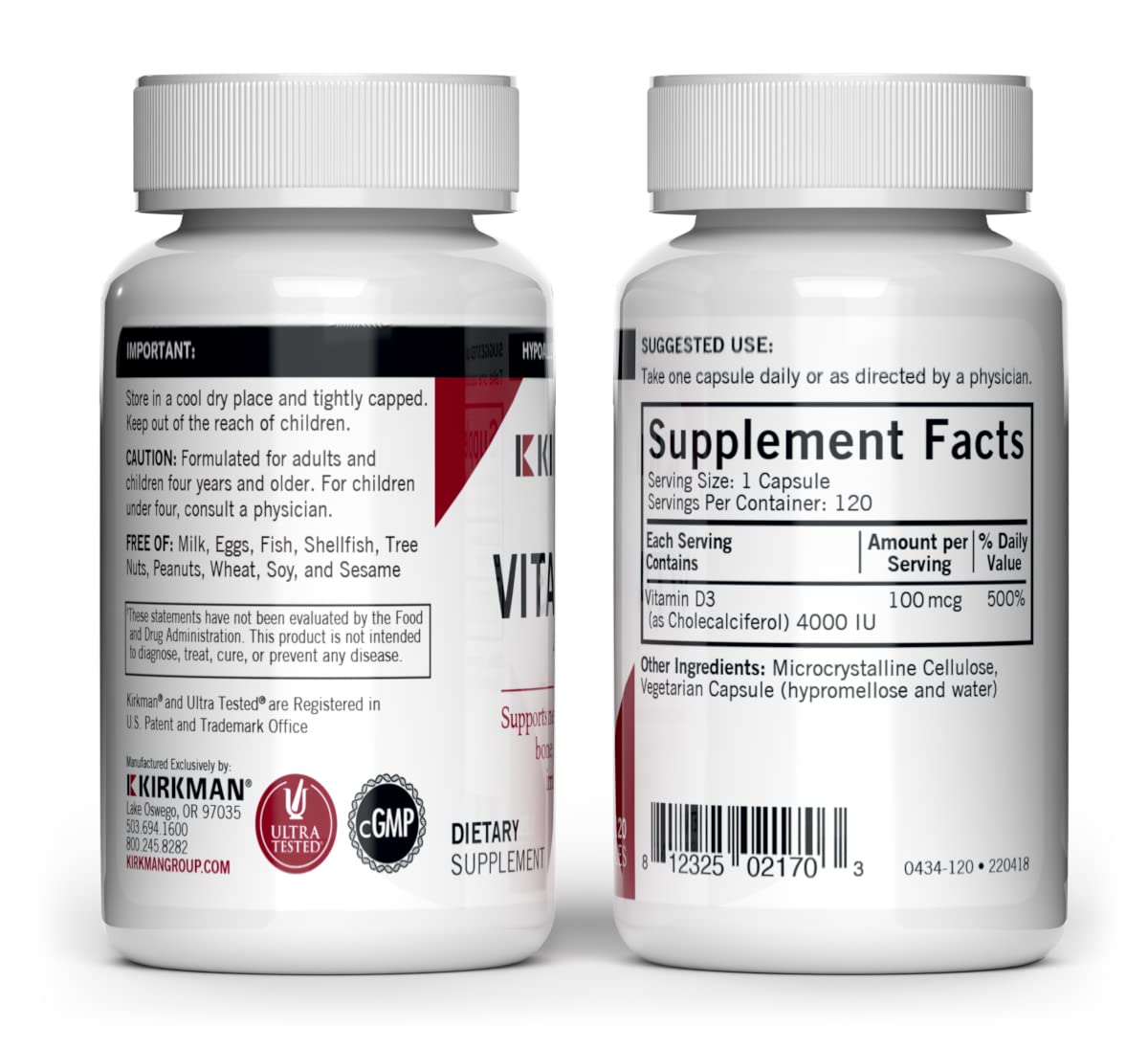 Kirkman Vitamine D-3 4000 UI capsules végétariennes avec étiquette