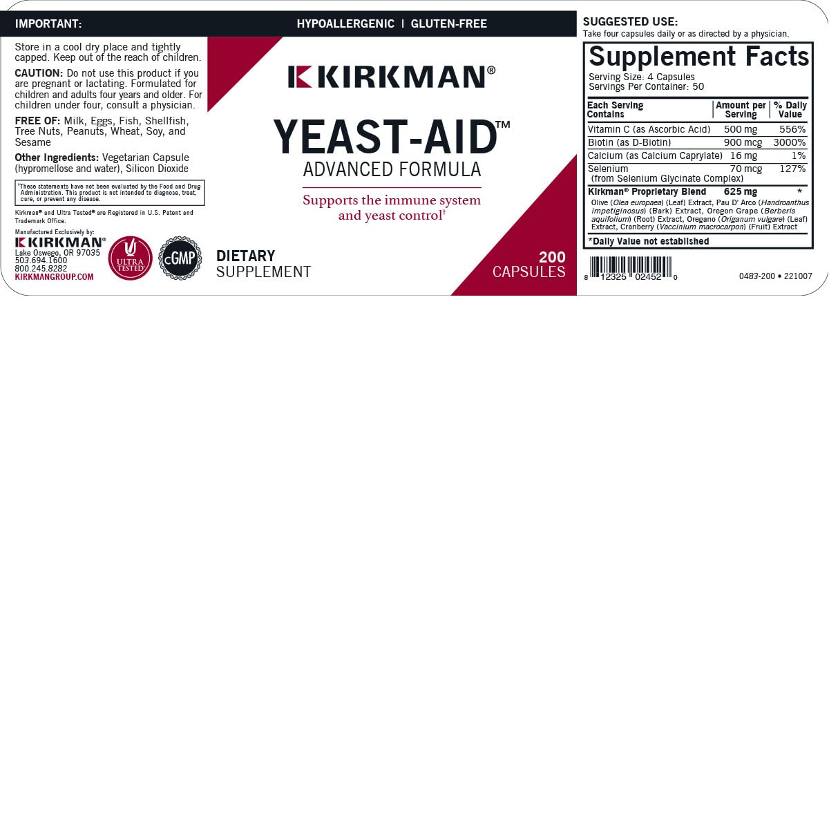 Kirkman Yeast Aid Advanced Formula 200 Capsules côté