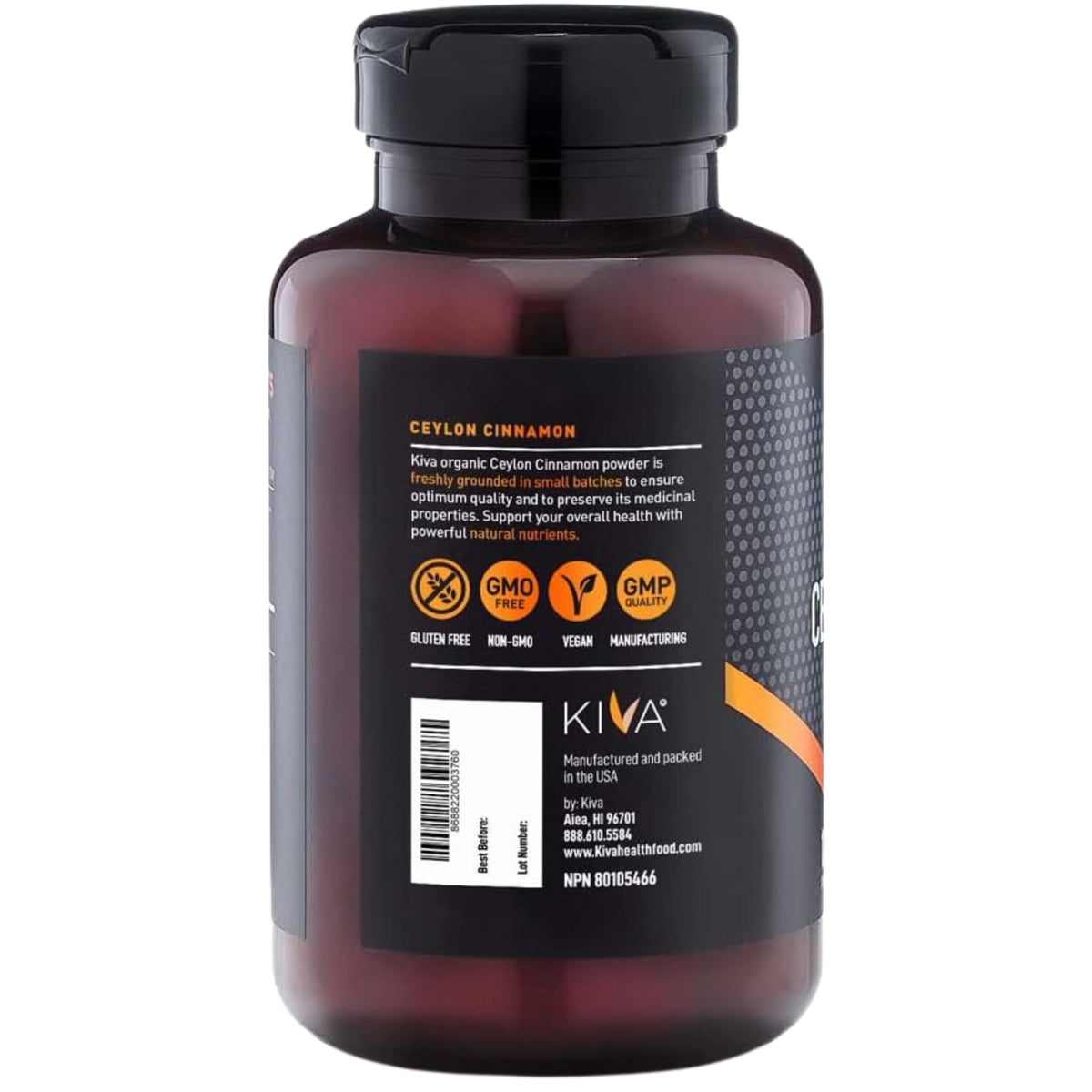 Kiva Poudre de Cannelle de Ceylan Capsules Végétales 120 avec une cuillère