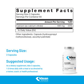 Klean Athlete Klean Calcium Citrate 120 capsules vue arrière