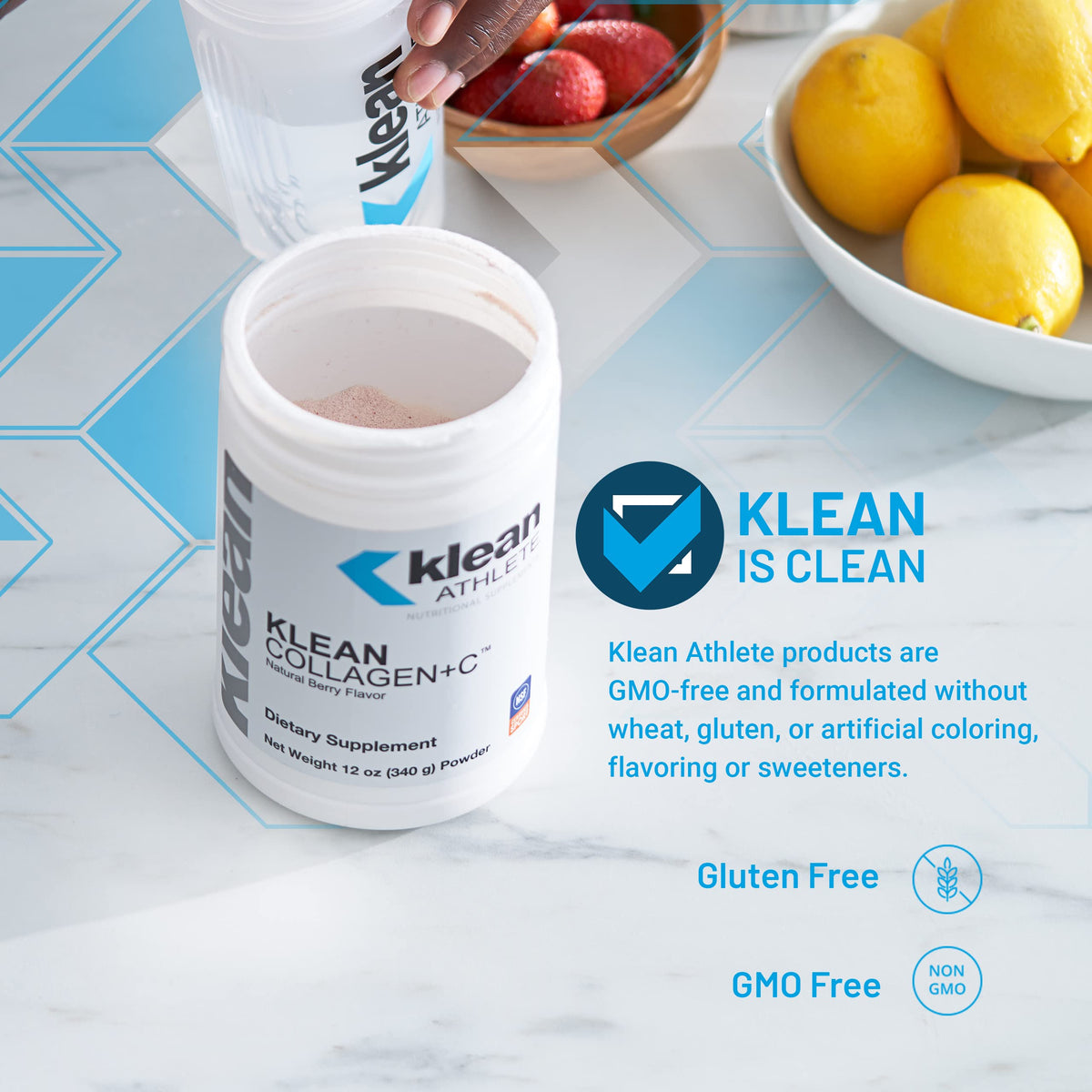 Klean Athlete Klean Collagen+C 431g en situation sur un plan de travail