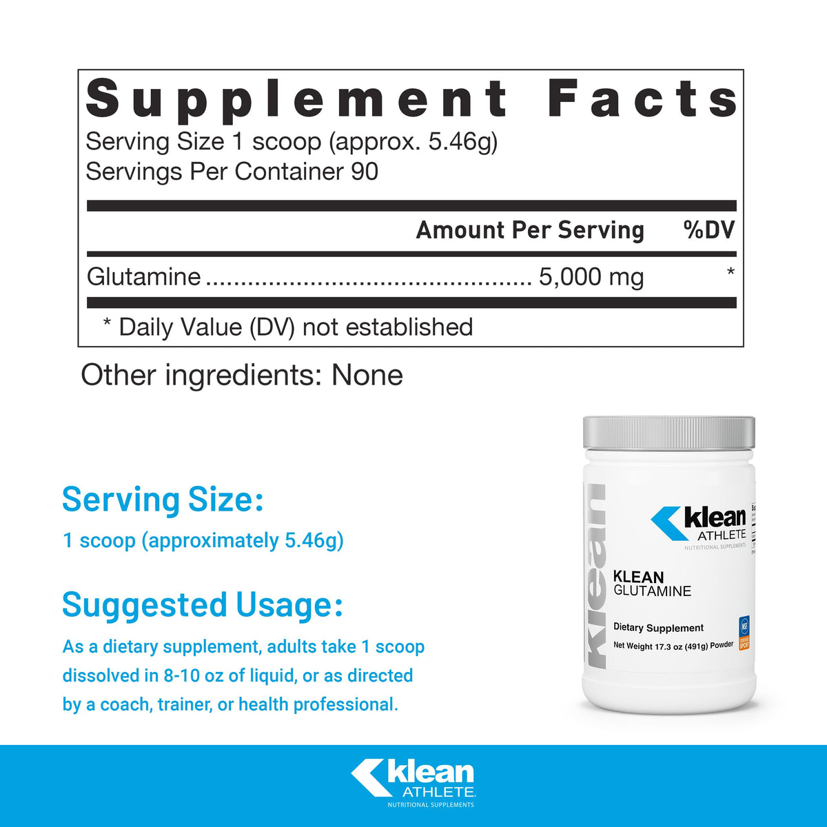 Klean Athlete Klean Glutamine 572g vue arrière avec informations nutritionnelles