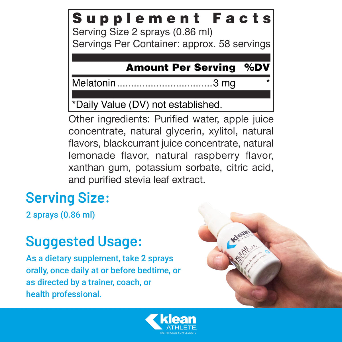 Klean Athlete Klean Melatonin Spray 3 mg framboise citronnade emballage