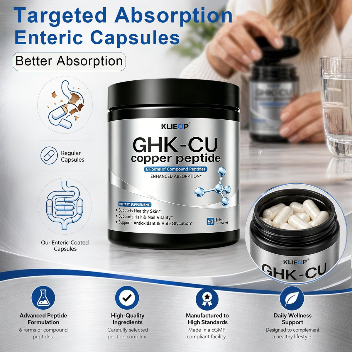 klieop GHK-Cu 15mg complément alimentaire à côté d'un verre d'eau