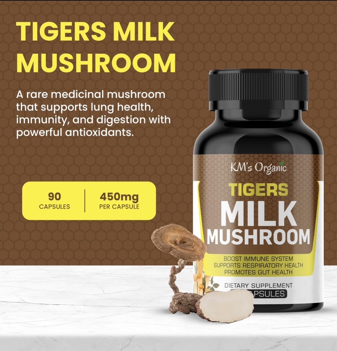 KM's Organic Champignon Lait de Tigre capsules ouvertes