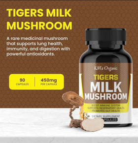 KM's Organic Champignon Lait de Tigre capsules ouvertes