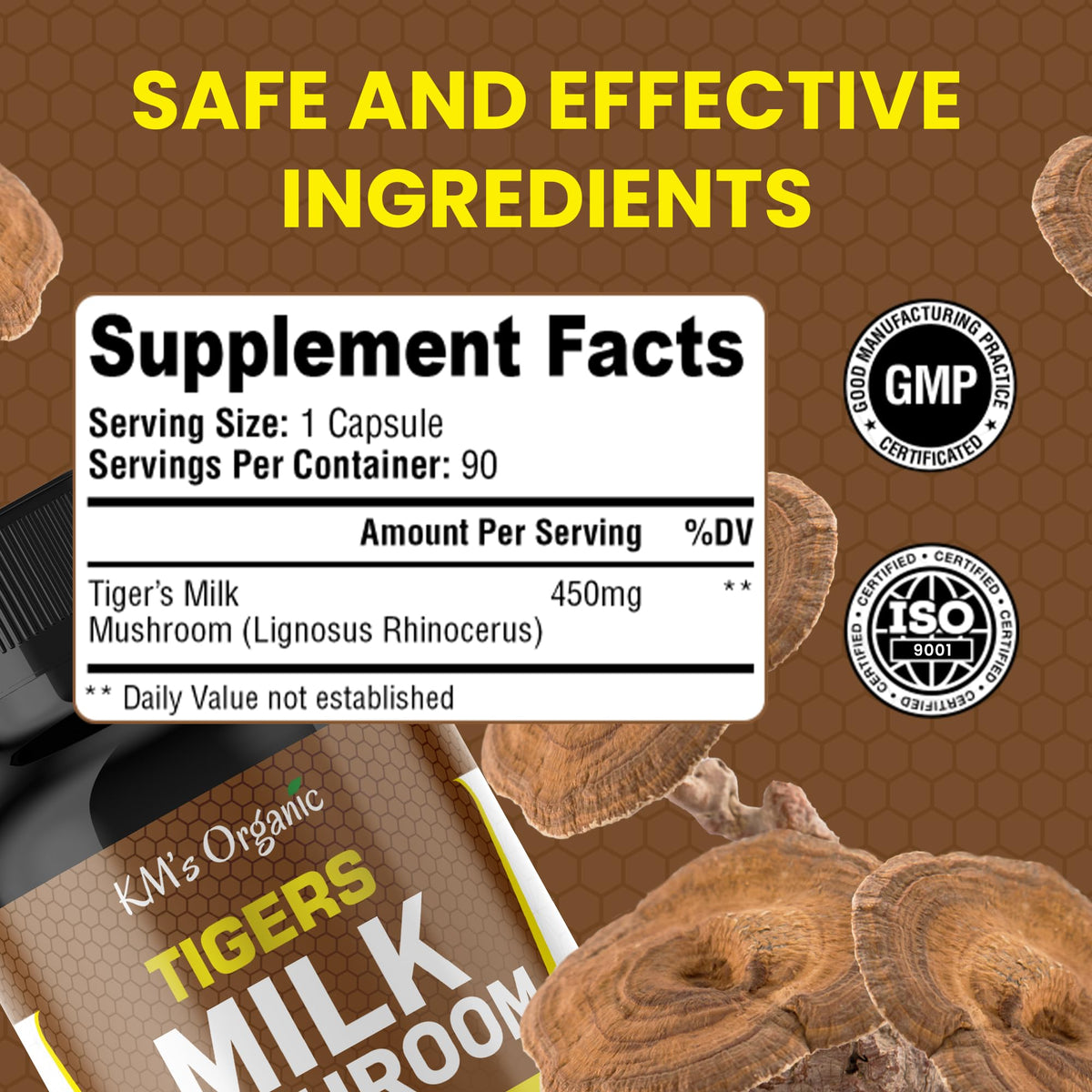 KM's Organic Champignon Lait de Tigre capsules sur une table