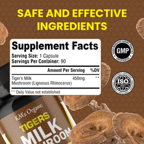 KM's Organic Champignon Lait de Tigre capsules sur une table